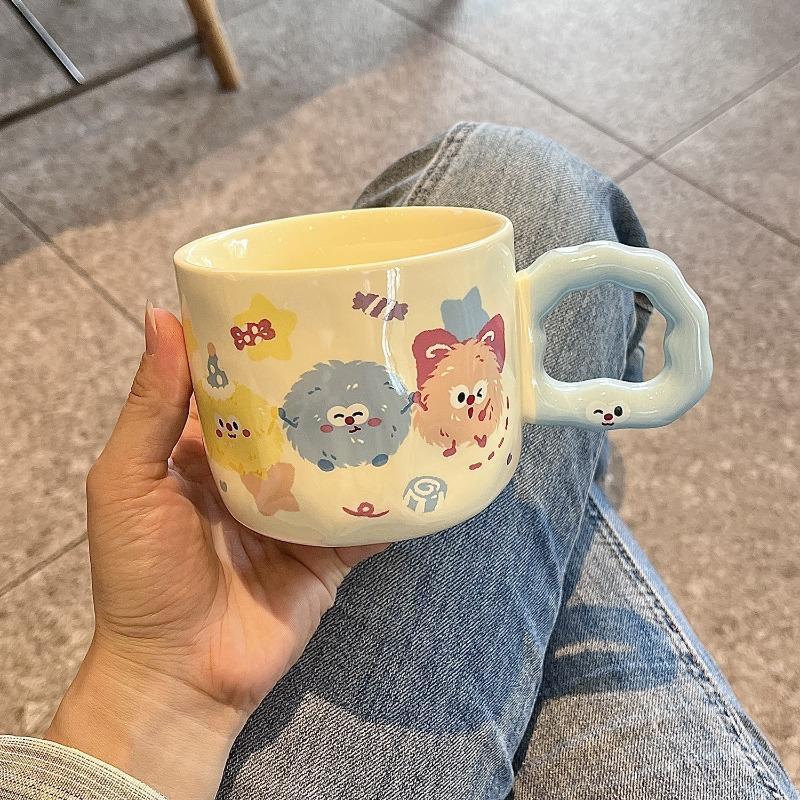 High Appearance Mug with Lid Spoon, Cute Ceramic Water Cup, Cartoon Small Coal Ball Couple Water Cup Gift, Breakfast Cup