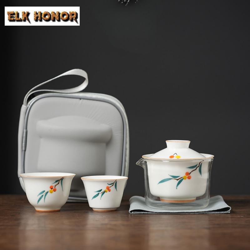 

Hand Drawn Bamboo Shadow Ceramic Cover Bowl Portable Travel Tea Set Kit Boutique 1 Bowl 2 Cups Tea Maker Handbag Ornaments Gifts