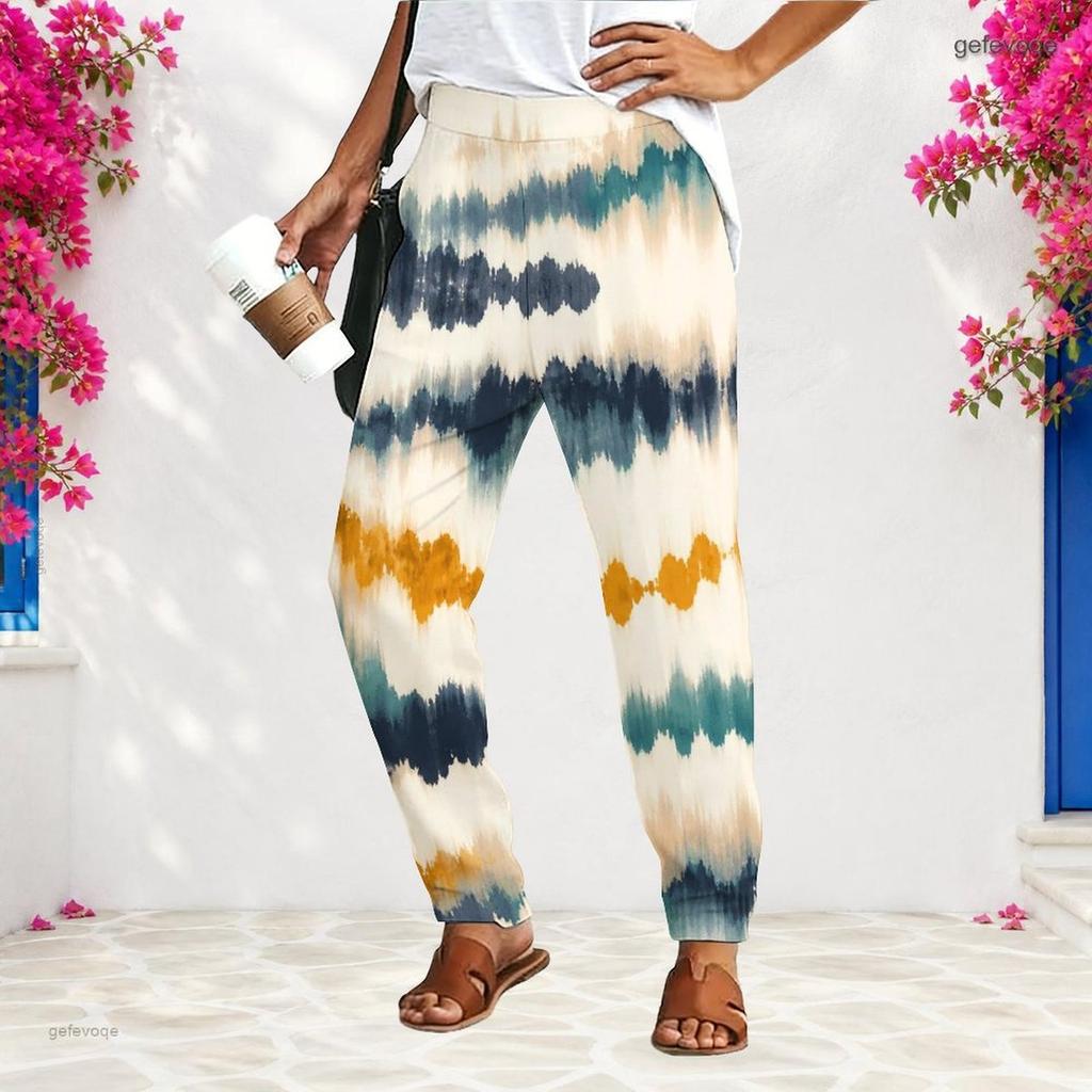 Women Plus Size Tie Dye Printed Loose Straight Leg Long Pants With Pockets