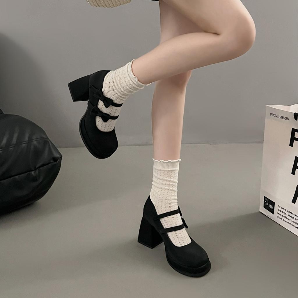 French Versatile Retro Bow Small Leather Shoes Women's 2024 New White Summer Platform Thick Heel High Heel Mary Jane Shoes