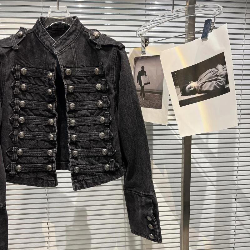 Black Stand Up Collar Denim Jackets Vintage Washed Motor Coat Women Autumn Loose Long Sleeve Outerwear