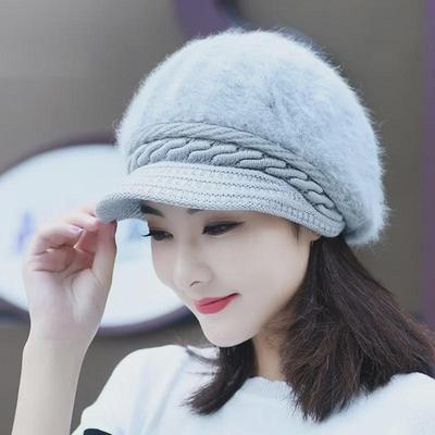 Damen Winter Koreanische Kaninchenfell Entenschnabelmütze - Warme Strickwollmütze