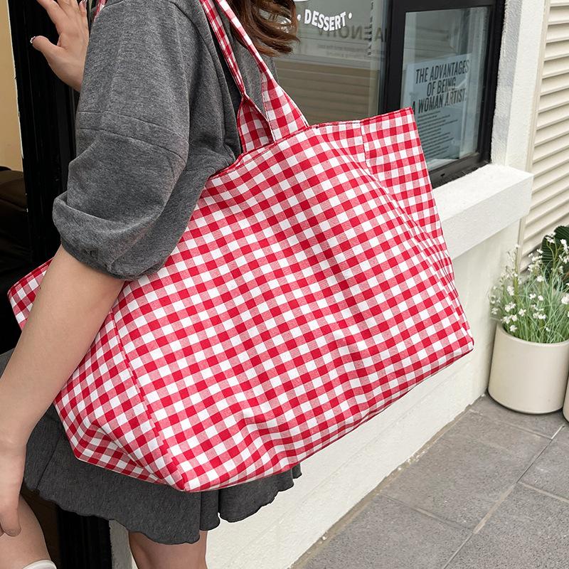 Original Simple Niche Large-capacity Canvas Bag Women's Summer 2025 New Versatile Plaid Handbag Student Tutoring Bag