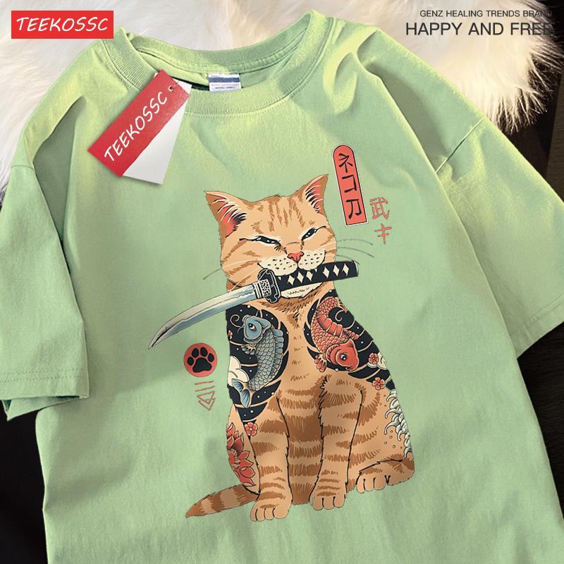 Japanese Harajuku Samurai Sword Cat T-Shirt Men Women Casual Tee Clothes Cotton Summer Tops Breathable Oversized T-Shirts Couple