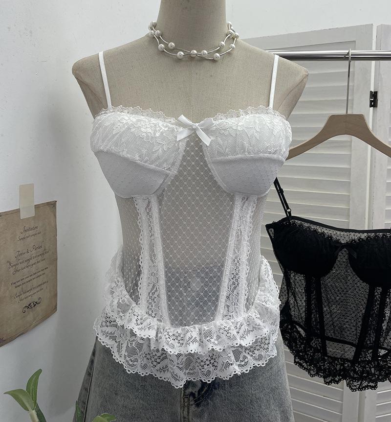 Sheer Lace Trim Camisole with Chest Pads and Slim-Fit Boning