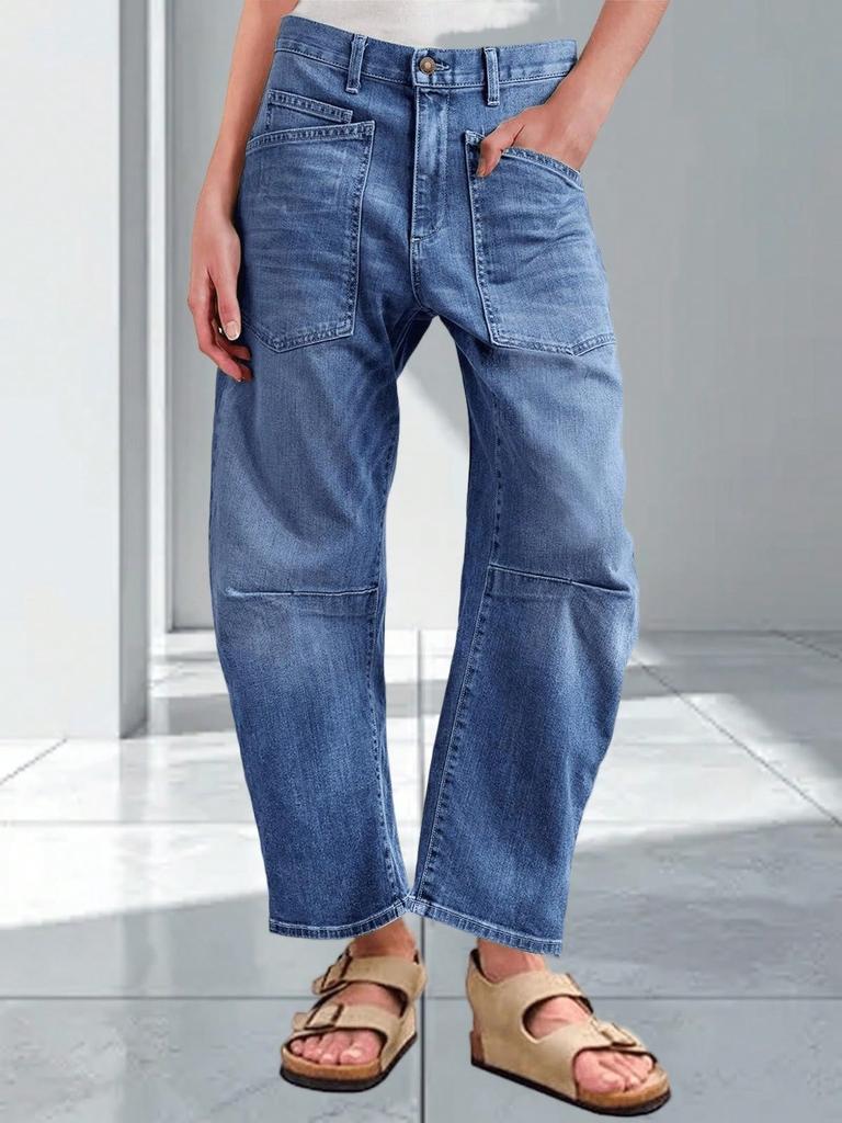 Jeans a Vita Alta Larghi a Barile da Donna Boyfriend Gamba Larga Corti in Denim