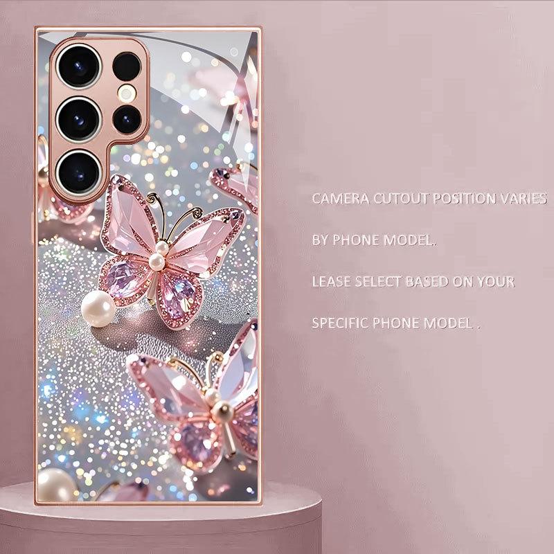 Sparkling Diamond Pearl Butterfly Glass Phone Case Suitable for Samsung Galaxy S26 S25 S24 S22 S21 S20 FE Ultra Plus Anti Drop