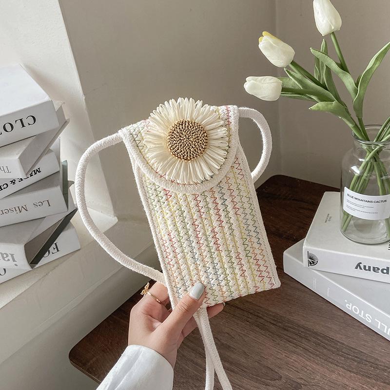 Damen Strandurlaub Umhängetasche: Gewebtes Baumwollseil Blumendesign für Handy & Münzen