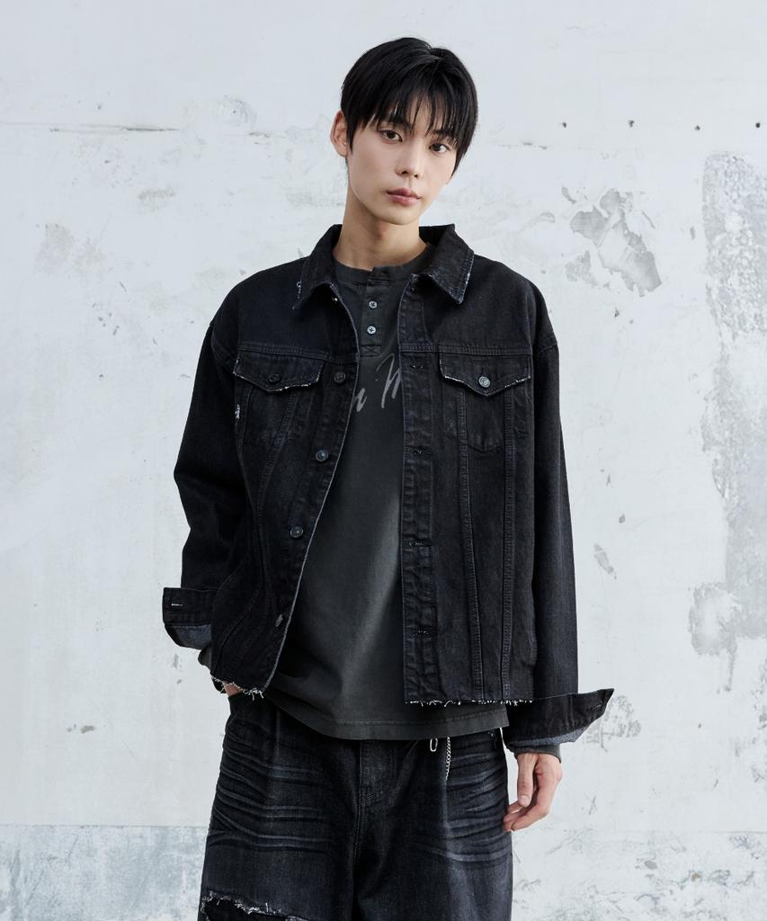 Maison Mined Cut Out Denim Trucker Jacket Black