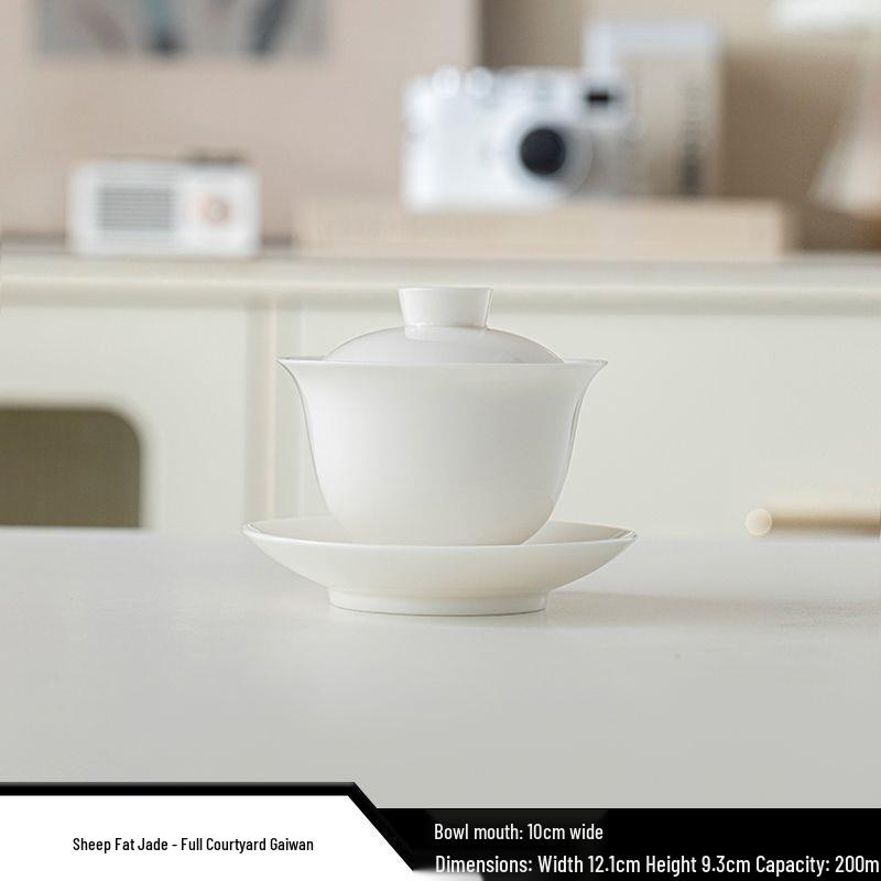 Premium White Porcelain Yangzhi Jade Kung Fu Tea Set with Three-Talent Lid Bowl, Gong Dao Bei, Tea Sea, and Customizable Tea Cups.