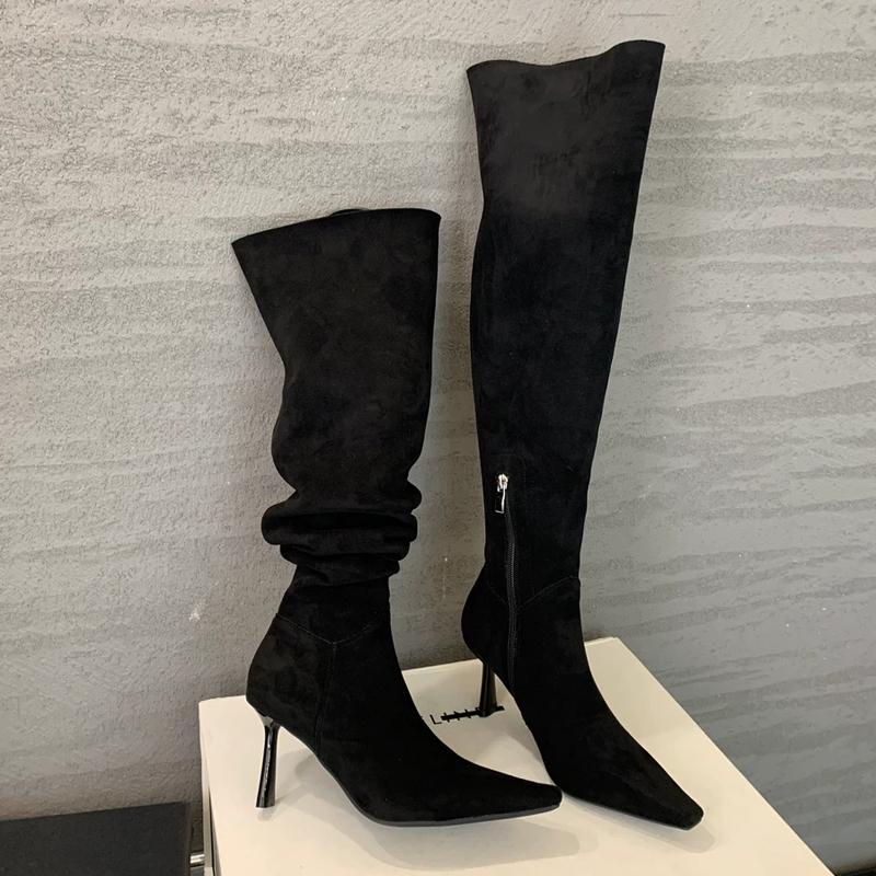 Designer Autumn Winter Vintage Thin Heels Women Knee High Boots Fashion Sexy Pointed Toe Stripper Party Shoes Zapatos De Mujes