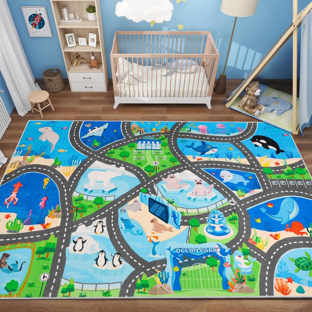 Zoo Animal Transportation Carpet Children's Play Carpet Route Map  Giraffe  Lion Panda Design Floor Mat Home Decoration Rug