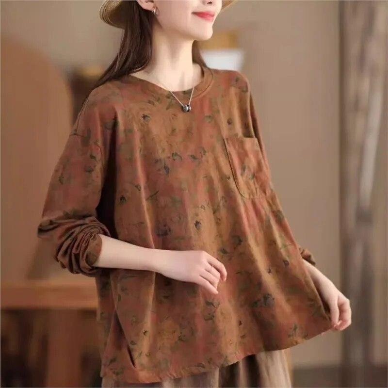 

Johnature женские винтажные футболки с цветочным принтом и круглым вырезом, весенние футболки с длинными рукавами, свободные лоскутные карманы, женские футболки