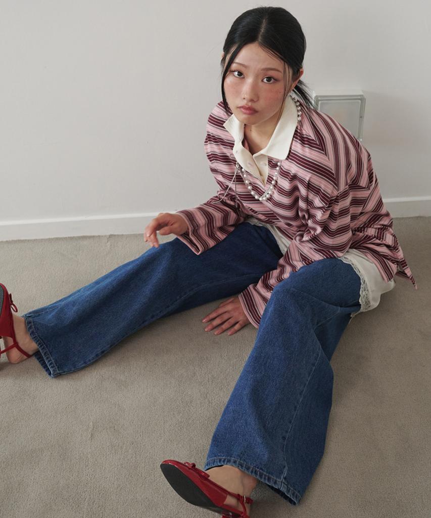 OPENING SUNSHINE Button Detail Striped Rugby Long Sleeve T-Shirt Pink