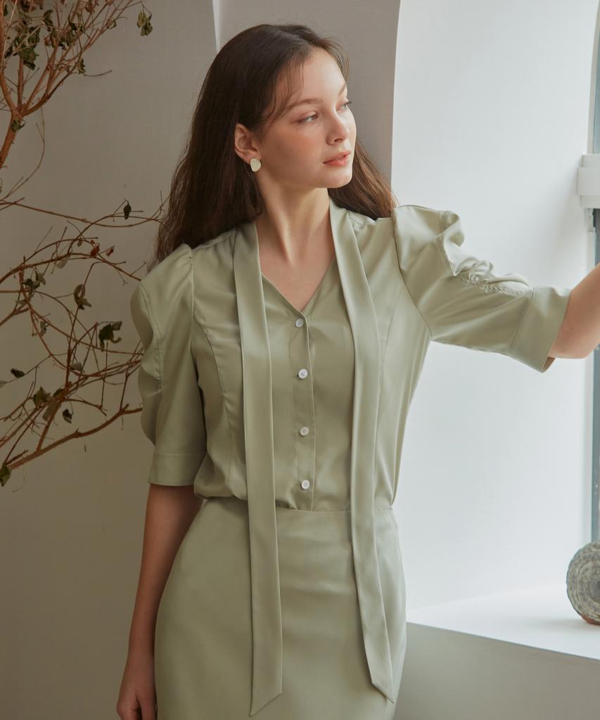Pojitibeubaibeu Stella Bow Collar Shirt Blouse With Voluminous Short Sleeve Detail(Sage Green)