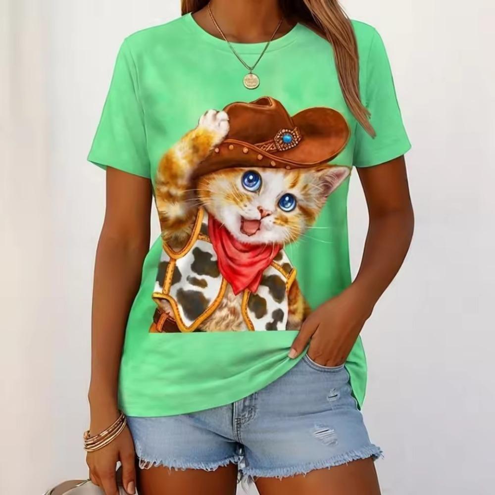 Women's round neck T-shirt Summer casual fashion short-sleeved top 3D cat print animal pattern Large Size Women's Clothing