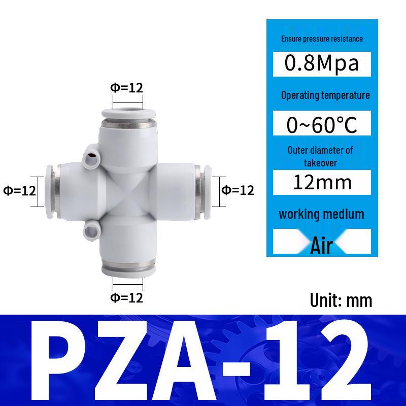 Pneumatic Nylon Air Hose Quick Connect Fittings: PU Straight, PY 5-Way, Cross 4-Way, PZA 3-Way, PE Connector with White/Blue Cap