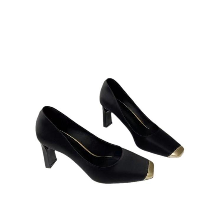 2025 spring new square head single shoes lady temperament color matching light mouth thick heel evening shoes versatile commuter high heels