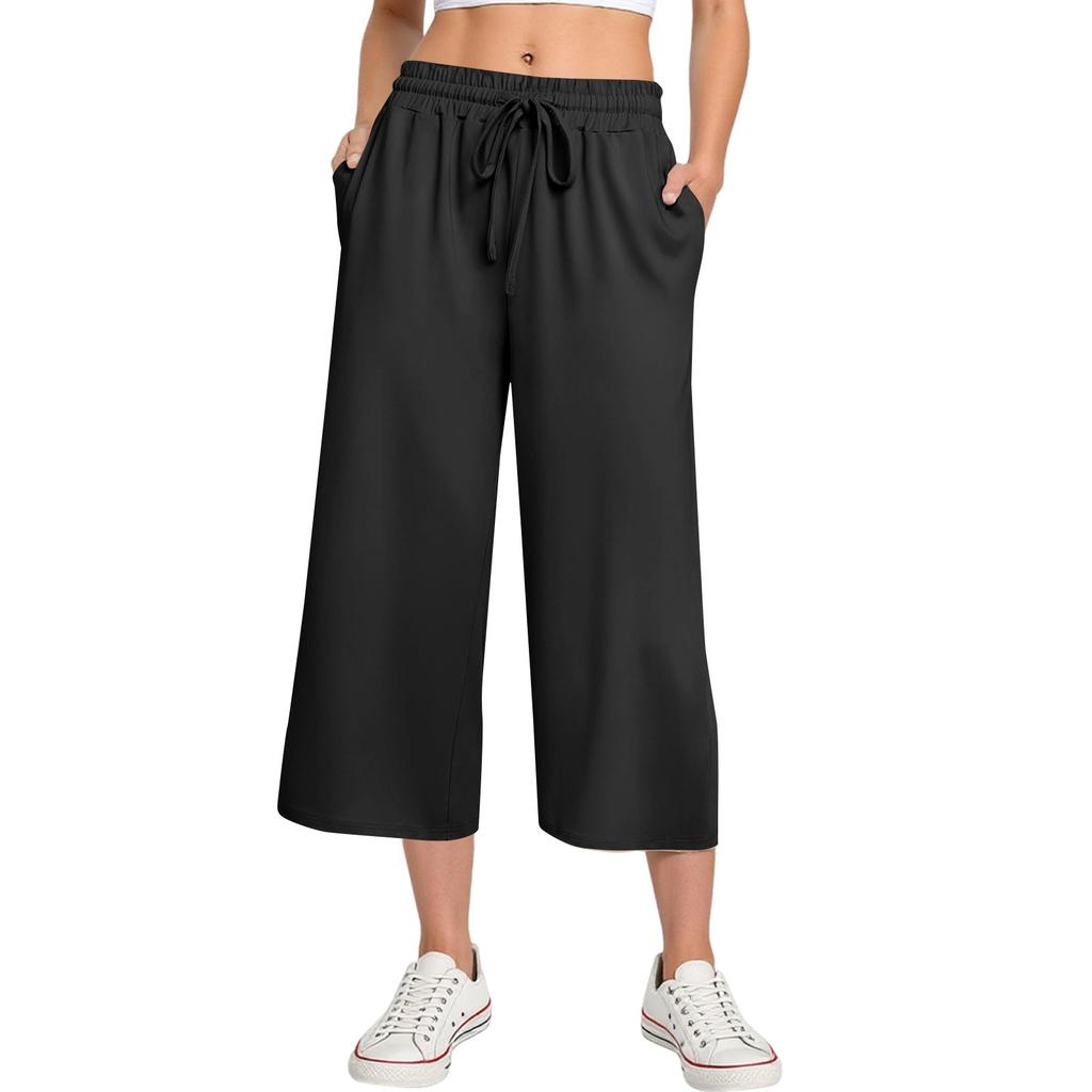 Pantaloni da donna a vita alta con nodo regolabile, fluidi in cotone e lino, gamba larga