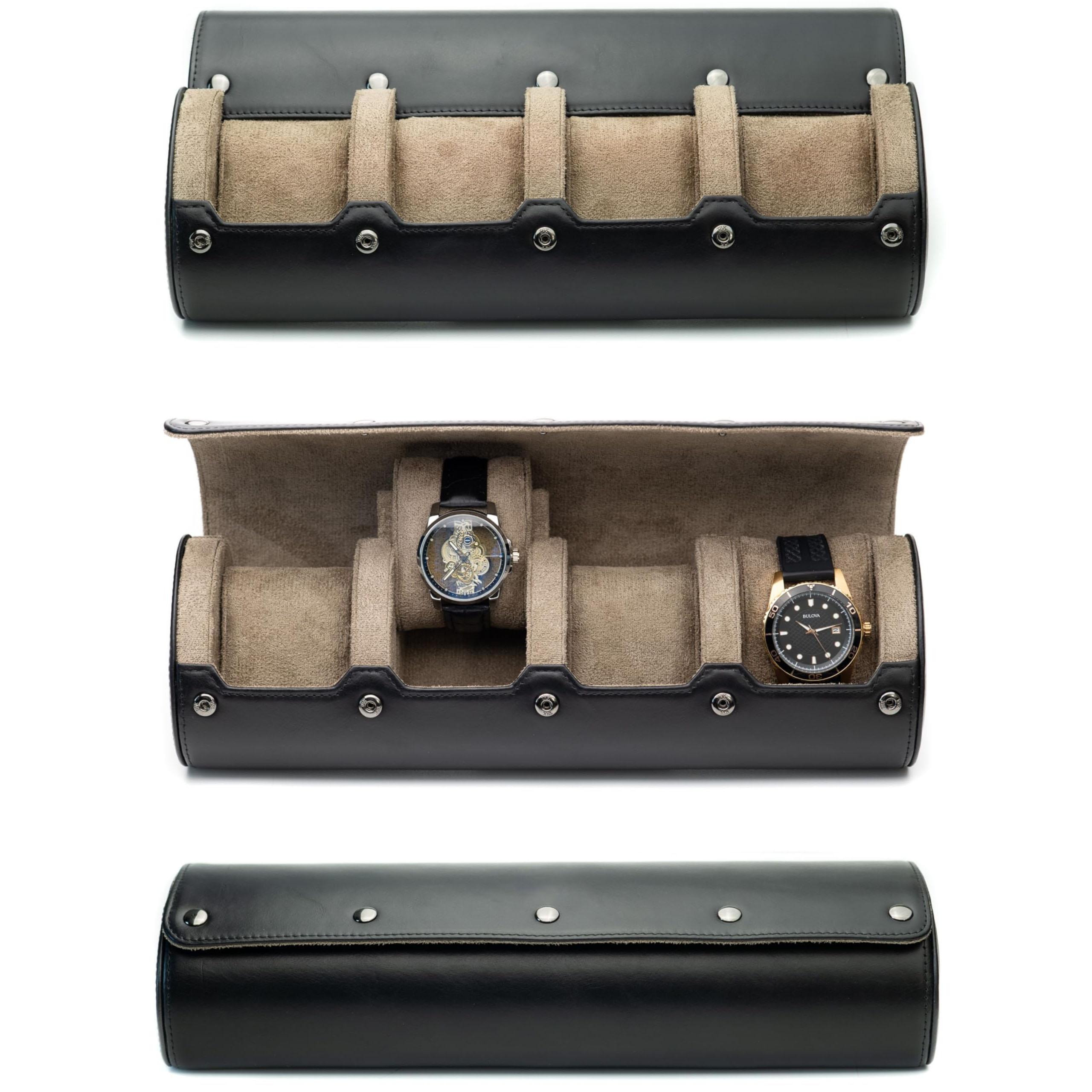 Watch Organizer Box Roll Case-PU Leather Watch Travel Case for Men and Women-4 Watch Carrying Case and Display, Watch Organizer