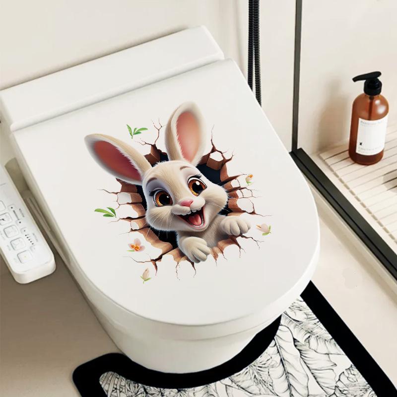 3D Wall Sticker Cute Rabbit Bathroom Remodeling Toilet Decoration Peel and Stick Waterproof