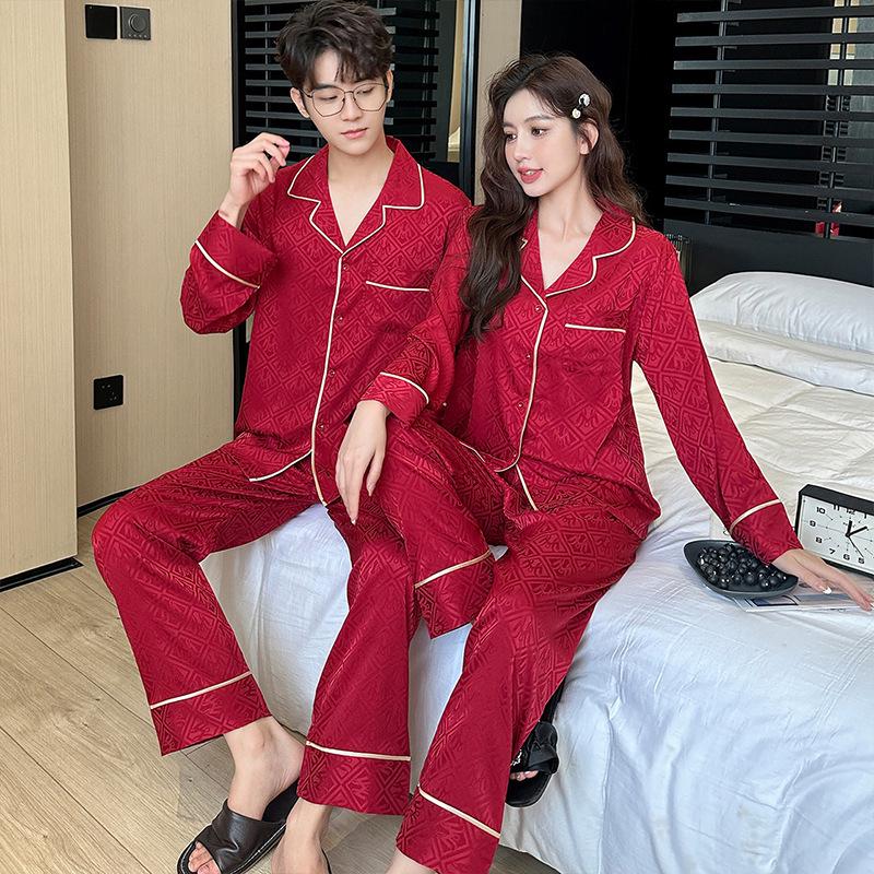 Jarní a podzimní korejské kardiganové pyžamo z ledového hedvábí pro páry