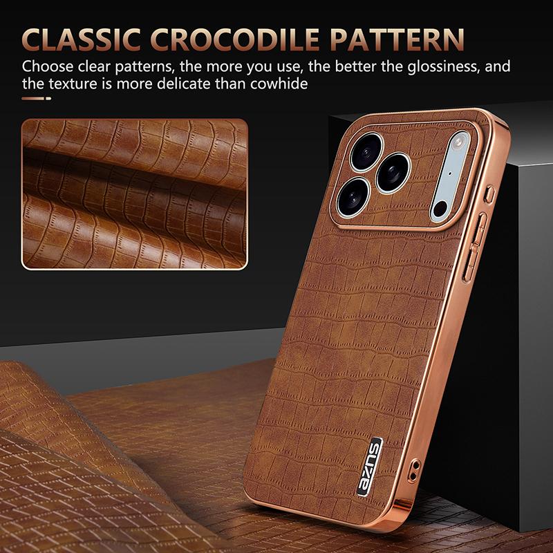 Luxury Skin Feel Crocodile Pattern Electroplated Frame Phone Case for iPhone 17 Pro Max 16 Plus 15 14 13 12 Shockproof Cover