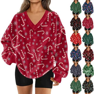 Women's Fashionable V-neck Christmas Printed Long Sleeved Casual Pullover Plush Warm Pocket Sweatshirt Top
