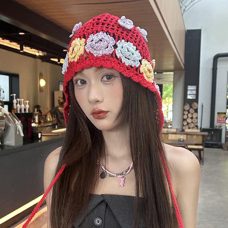 New Spring and Summer Retro Hollow Woven Tassel Bag Head Hat Women's Literary Knit Hat Ear Protection Strap Pullover Hat