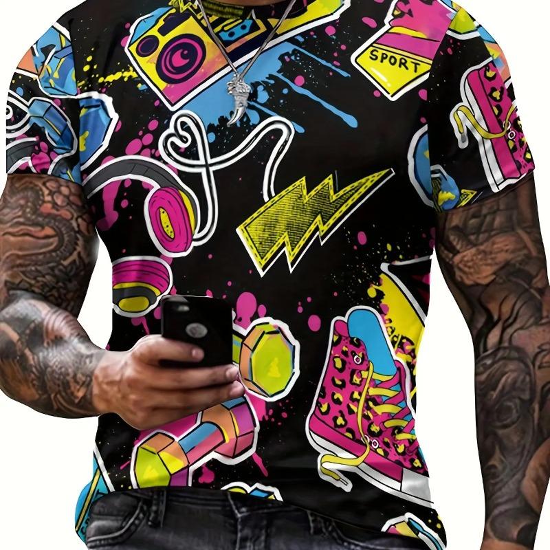 Men's Round Neck Short Sleeve T Shirt 3D Graffiti Sport Camera Headphone Sneaker Print Hip Hop Streetwear Tops
