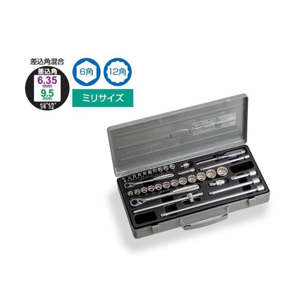 TONE 230MX Mixed Socket Wrench 33 Pieces Set, 6.35mm & 9.5mm (1/4" & 3/8") Drive, Silver,
