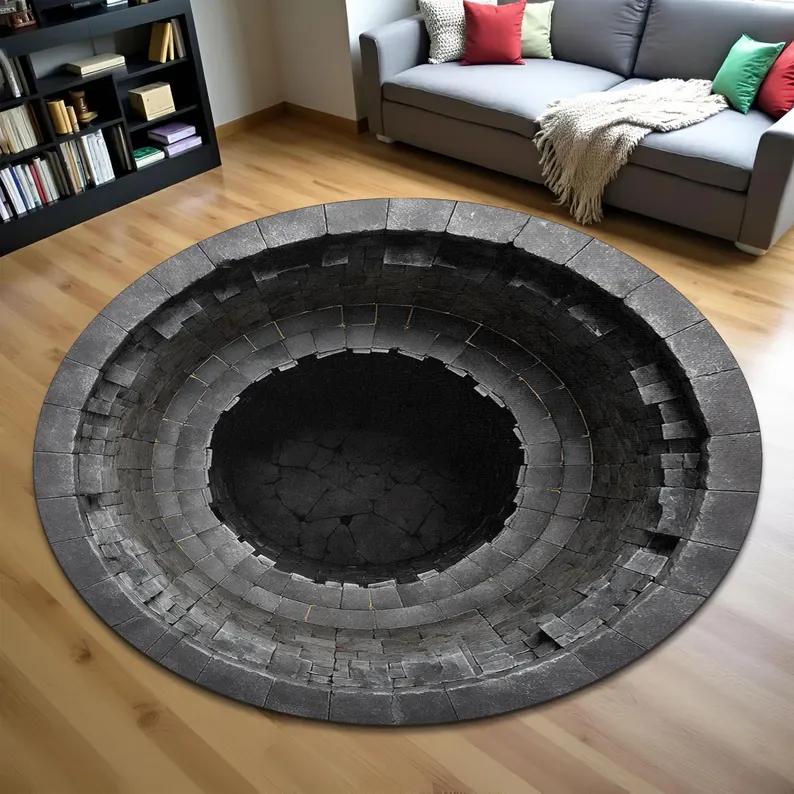 3D vizuální nekonečná propast kruhový koberec, Kreativní plochý třírozměrný iluzorní koberec, Vnitřní zábavná měkká dekorativní podložka
