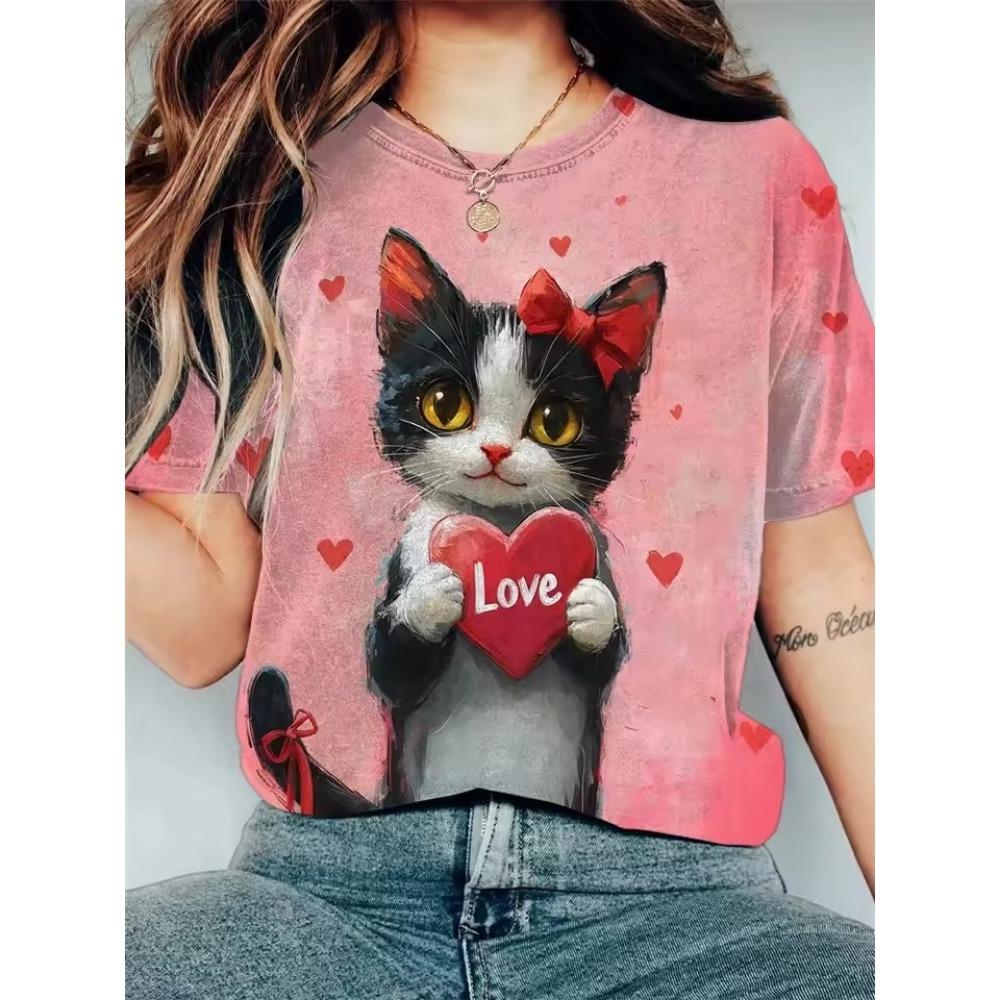 Cartoon Character Pattern Denim Print Round Neck T-shirt for Spring and Summer Casual Short Sleeved Top Women's Clothing