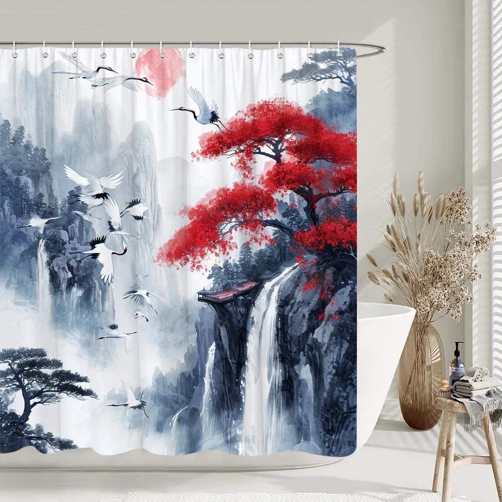 Zasłona prysznicowa w stylu chińskim Ryby Koi Kwiat Wiśni Słońce Fala Morska Ośmiornica Krajobraz Poliestrowa Zasłony Dekoracja Łazienki