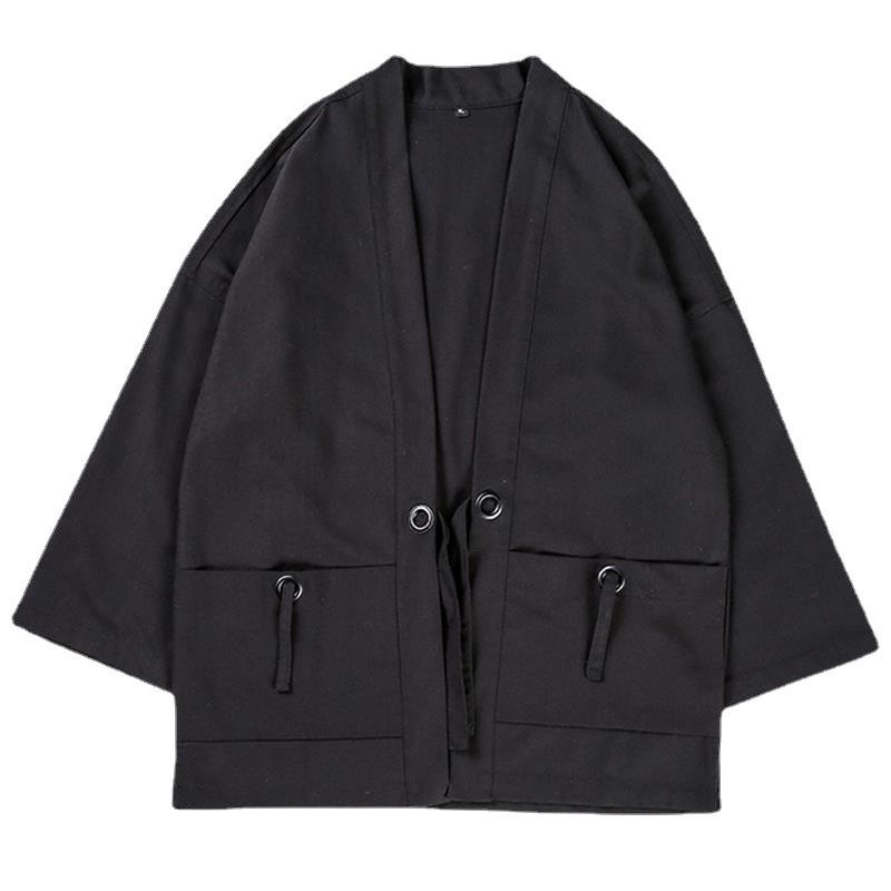 Rochie de vară în stil chinezesc țesută cu pene Cardigan Hanfu pentru bărbați Kimono japonez din in și bumbac Jachetă cămașă cu mâneci trei sferturi