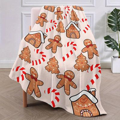 Cozy Gingerbread Christmas Flannel Throw Blanket Suitable for Couch, Bed, Office & Travel - Soft Warm Lightweight Polyester with Gingerbread Men & Can