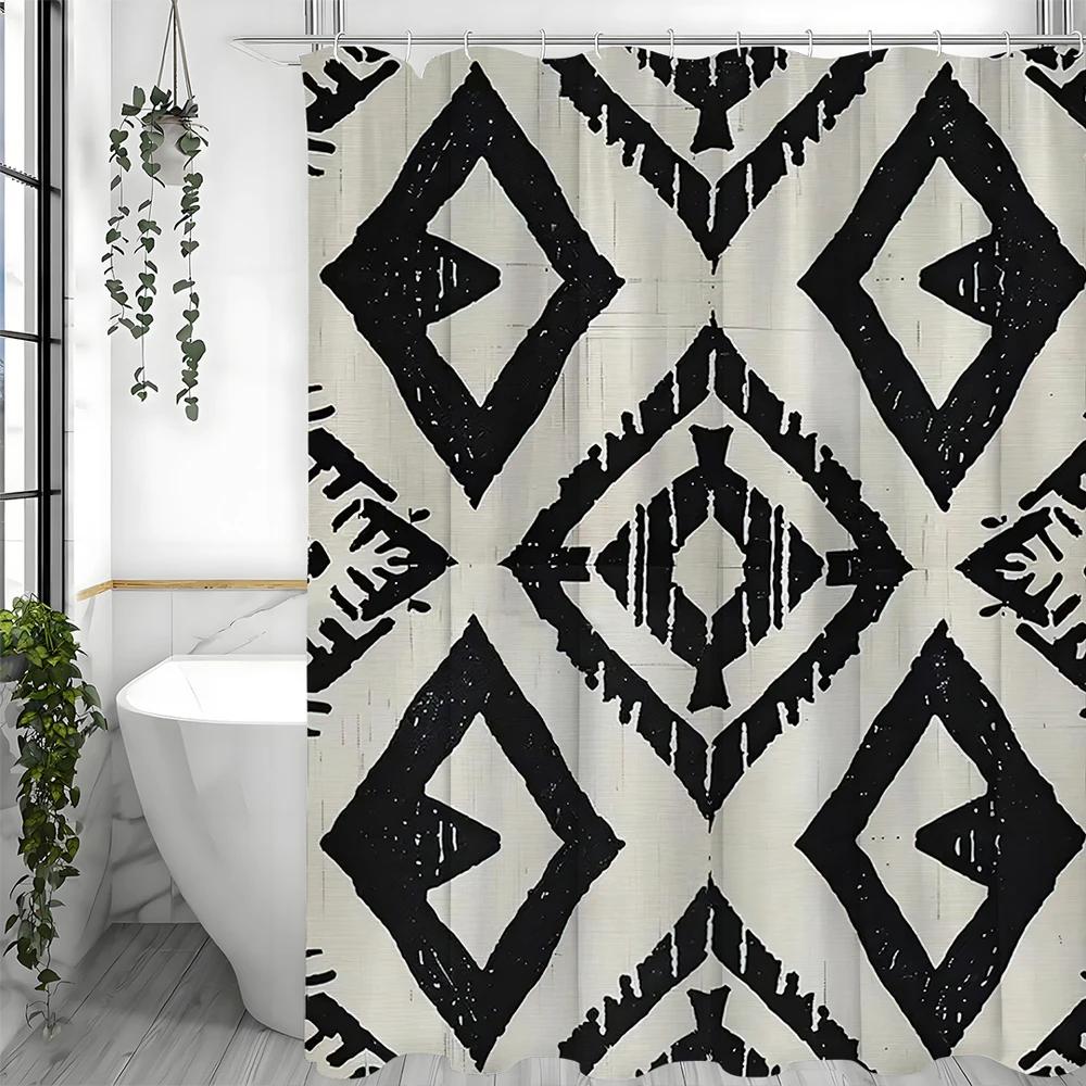 Rideau de douche géométrique noir et gris, Rideau de douche décoratif pour salle de bain, Rideau de douche imperméable avec crochets