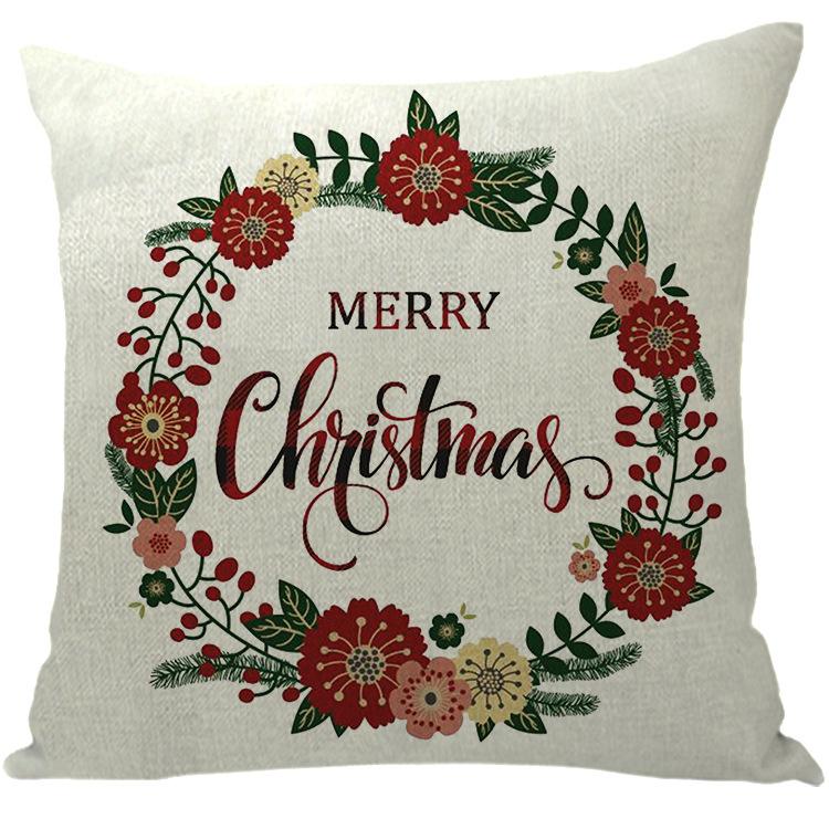 Merry Christmas Pillow Cover Wreath Letter Linen Cushion Case Cover for Christmas Holiday