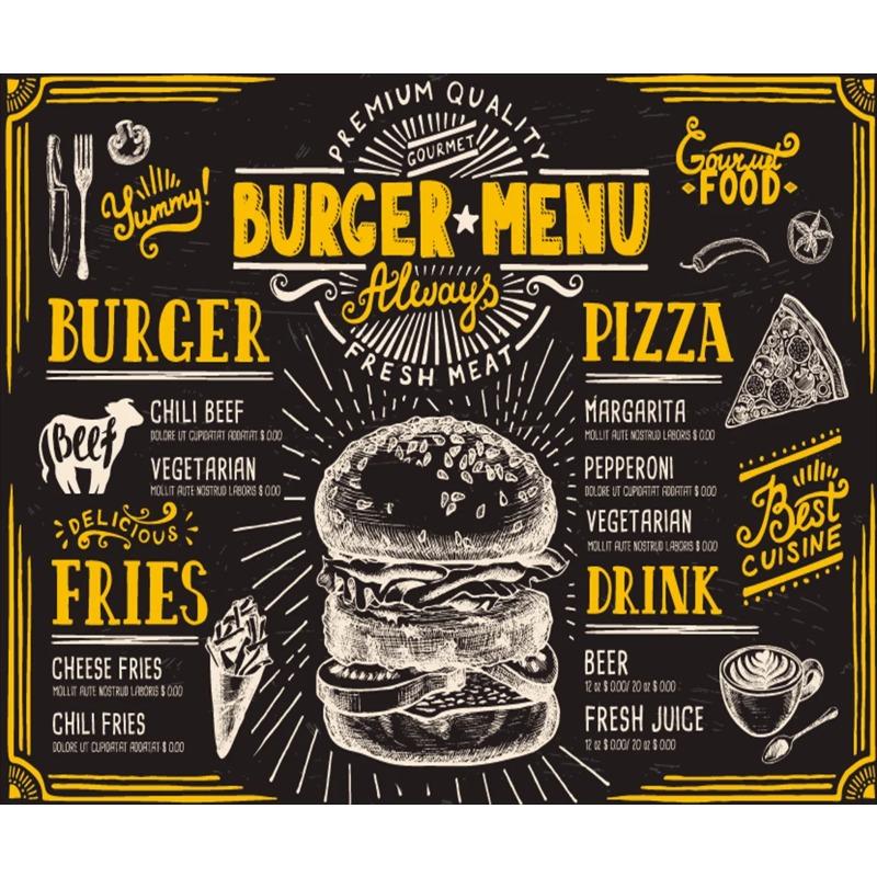 Tapete Schwarzer Hintergrund Burger Pizza Wandbild Restaurant Werkzeug Hintergrundwände Wandbild 3D-Tapete