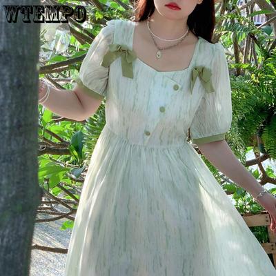 Casual Dress Large Size Green Water Wave Pattern Large Size Dress Literary Retro Niche Design Sweet Long Dress