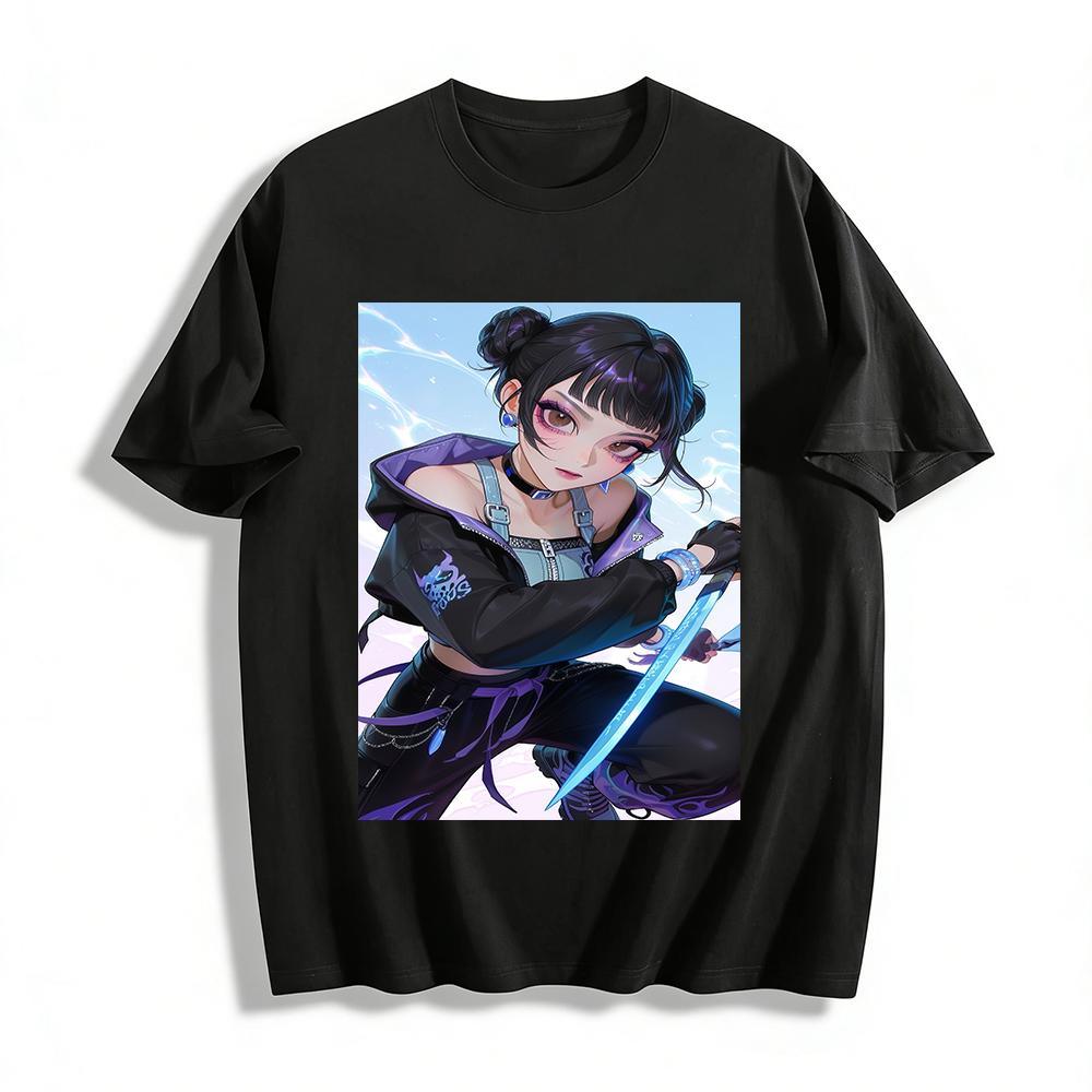 Cyber Chinese Style Double Bun Girl Print Hoodie Cool Cyberpunk Anime Loose Sweatshirt Pure cotton T-shirt XXS