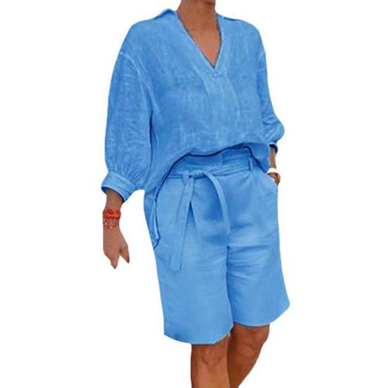 2 Pcs/Set Women Shirt Shorts Set Solid Color Three Quarter Sleeves V Neck Blouse High Waist Loose Knee Length Pants Set Casual Outfit