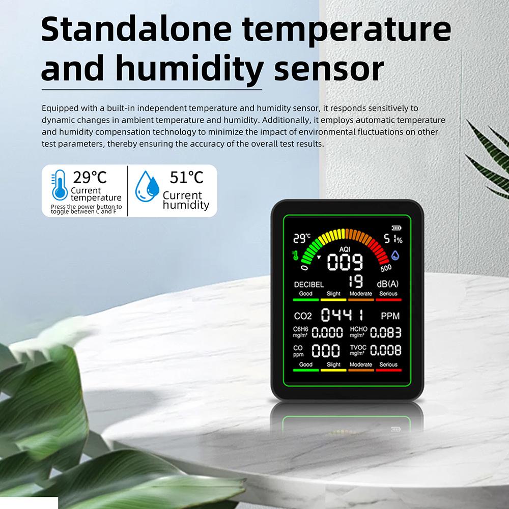9-in-1 Air Quality Detector CO2 Monitor co, hcho, tvoc, c6h6, aqi, noise Level Detector Formaldehyde Temperature Humidity Meter