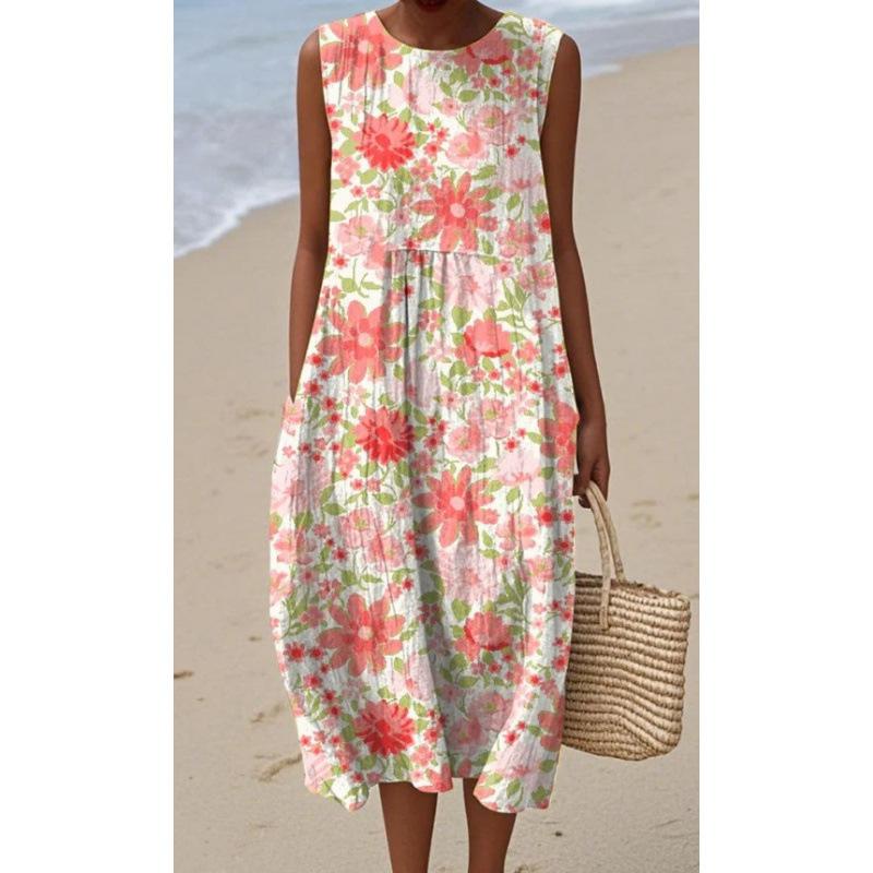 Summer new sleeveless pocket casual printing temperament long dress dress slim dress