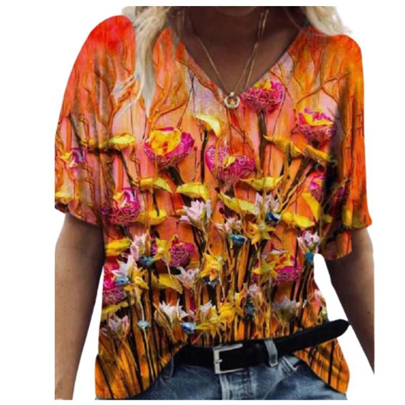 Women's Summer New V-neck Floral Positioning 3D Printed Short Sleeved T-shirt