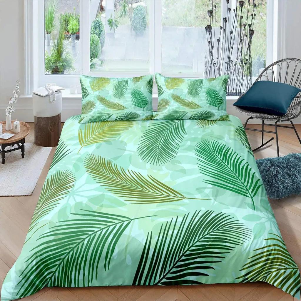 Palm Leaves Duvet Cover King Full Banana Leaves Bedding Set Hawaiian Tropical Leaves Green Branches 2/3Pcs Polyester Quilt Cover