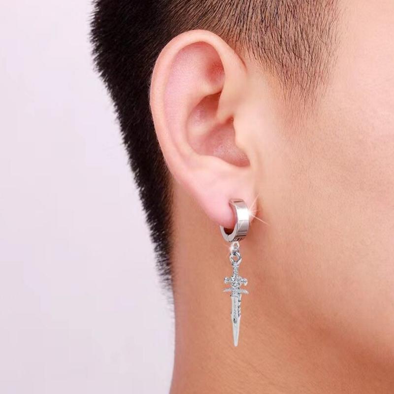 1 PC Men's Open Cuff Copper Color Black Sword Pendants Clip Earrings for Male Non-Piercing Ear Clips Fake Cartilage Earrings
