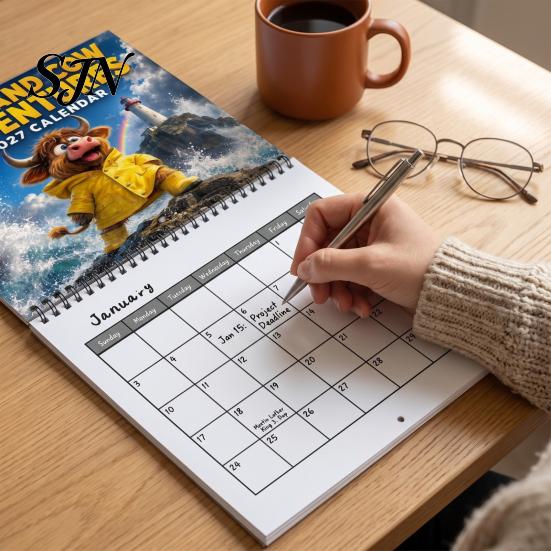 Functional Note Taking Planner 2027 Highland Cow Wall Calendar, 12-Month Adventure Themed with Spiral Yearly Goal Setting Journal Binding, Thick Paper