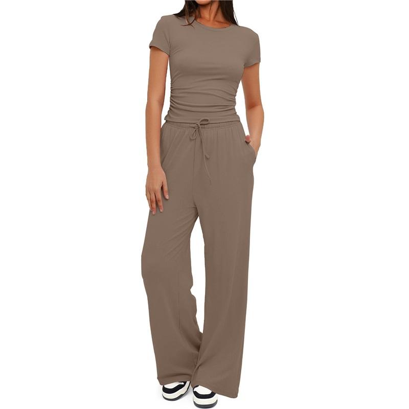 Women's 2 Piece Outfit Short Sleeve T-Shirt Wide Leg Pants Casual Tracksuit