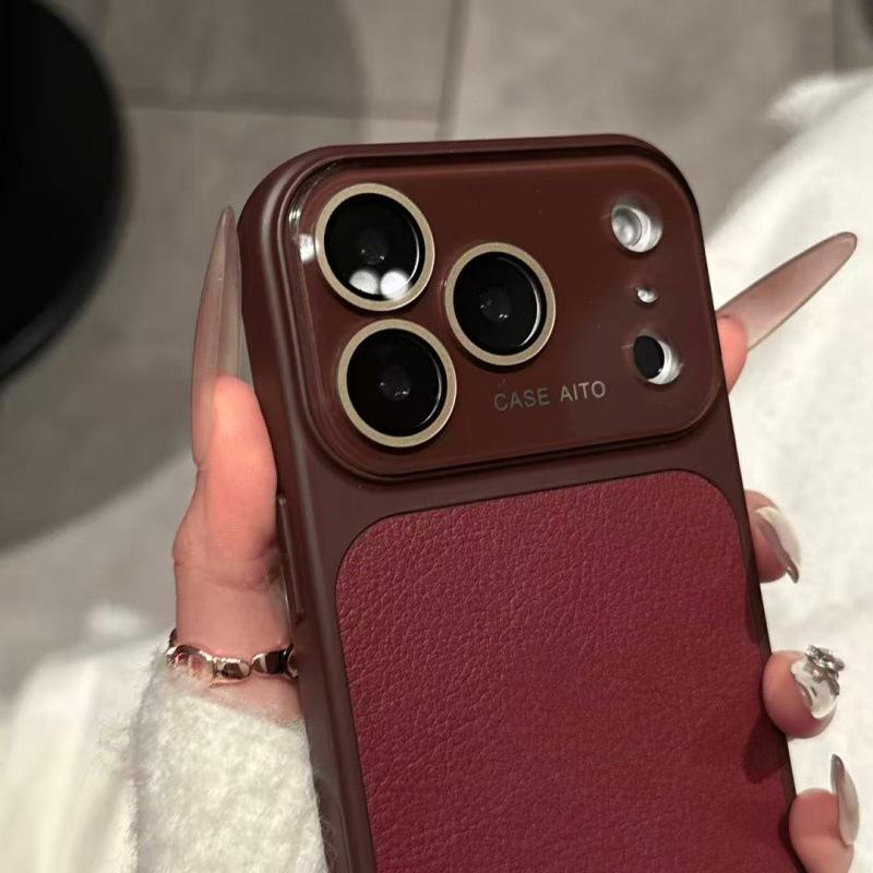 Leather Texture Drop-Proof Case for iPhone 14/15/16/17 Pro Max - Solid Color Design.